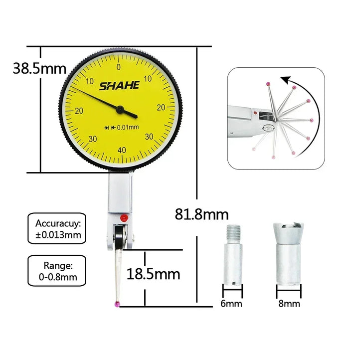 Shahe Precision Dial Indicator 0.01mm 0-0.8 mm Metric Dial With Ruby Stylus